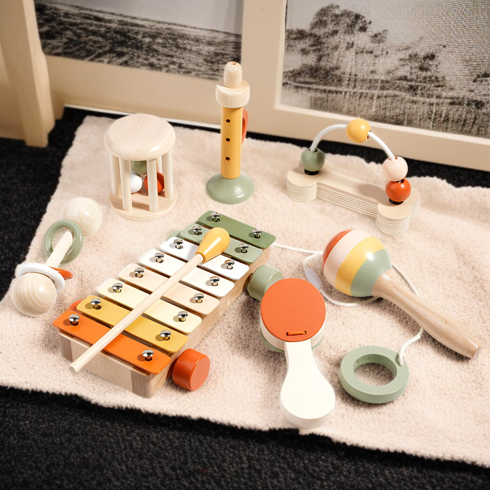 신생아 감각발달 원목 딸랑이, 몬테소리 음악교육 악기, 아기 손근육 발달 장난감