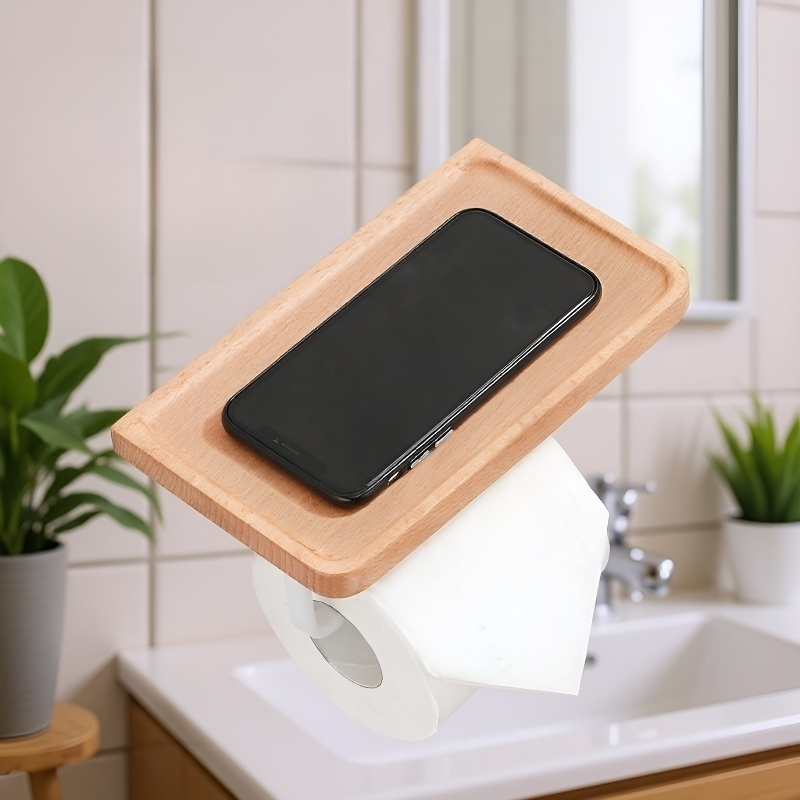 Soporte para papel higiénico de nogal con estante para móvil