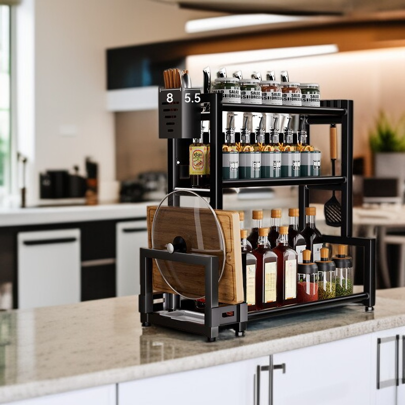  多機能キッチン収納ラック ステンレス製 調味料収納用 ブラック