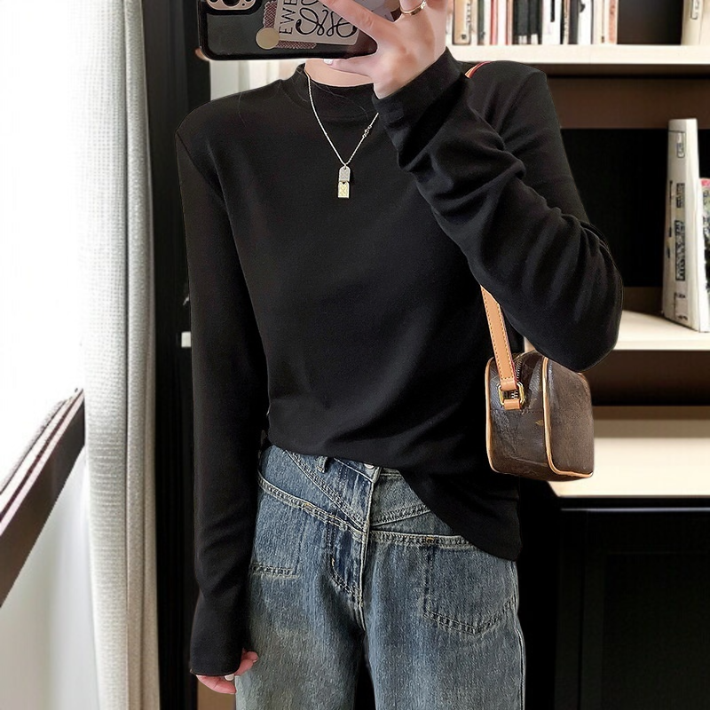 スリムパッケージバックソリッドカラートップス秋と冬の長袖Tシャツボトミングシャツの女性の内側に小さなスタンドアップカラーフィットトップス