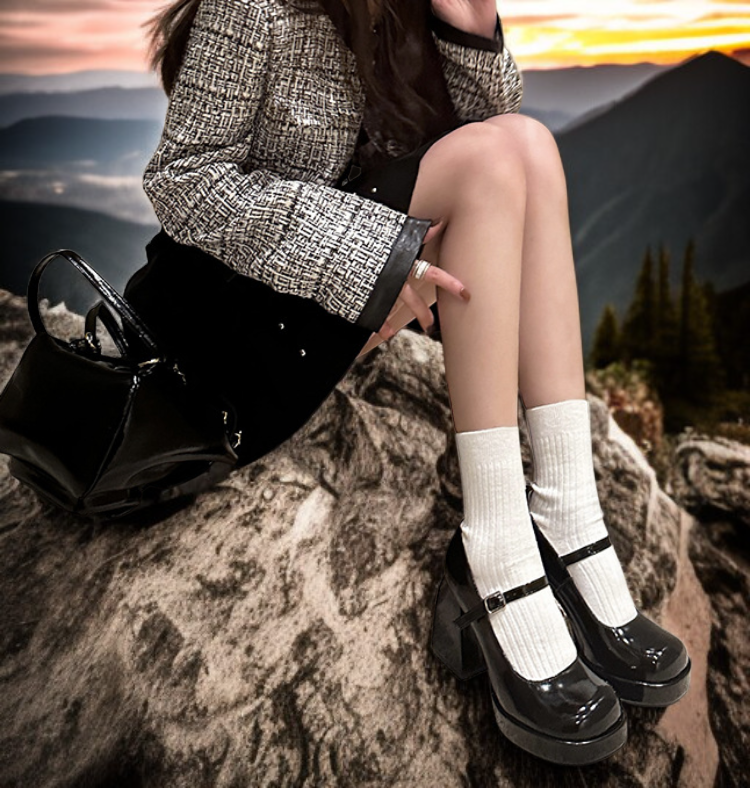 女性用黒ラウンドトゥチャンキーヒールメアリージェーンシューズ全体写真