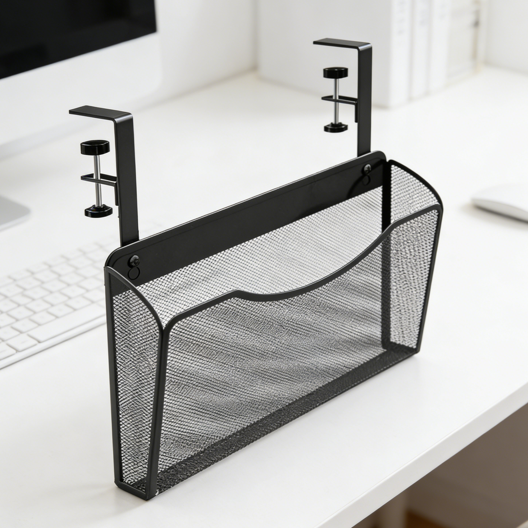 Space-saving storage basket for bathroom essentials