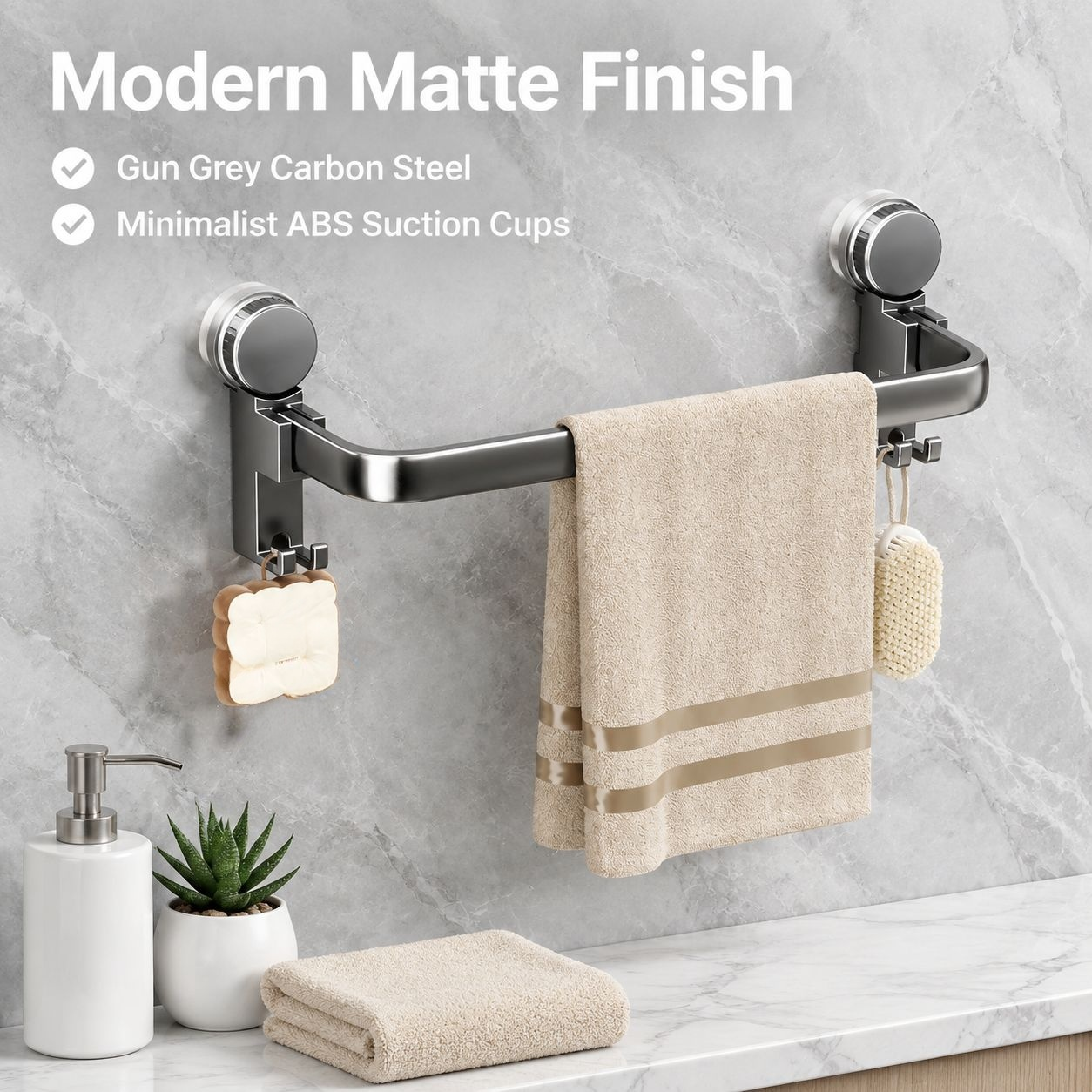 Gun Grey Carbon Steel Suction Cup Towel Bar Wall Mounted Punch-Free Bathroom Towel Rack