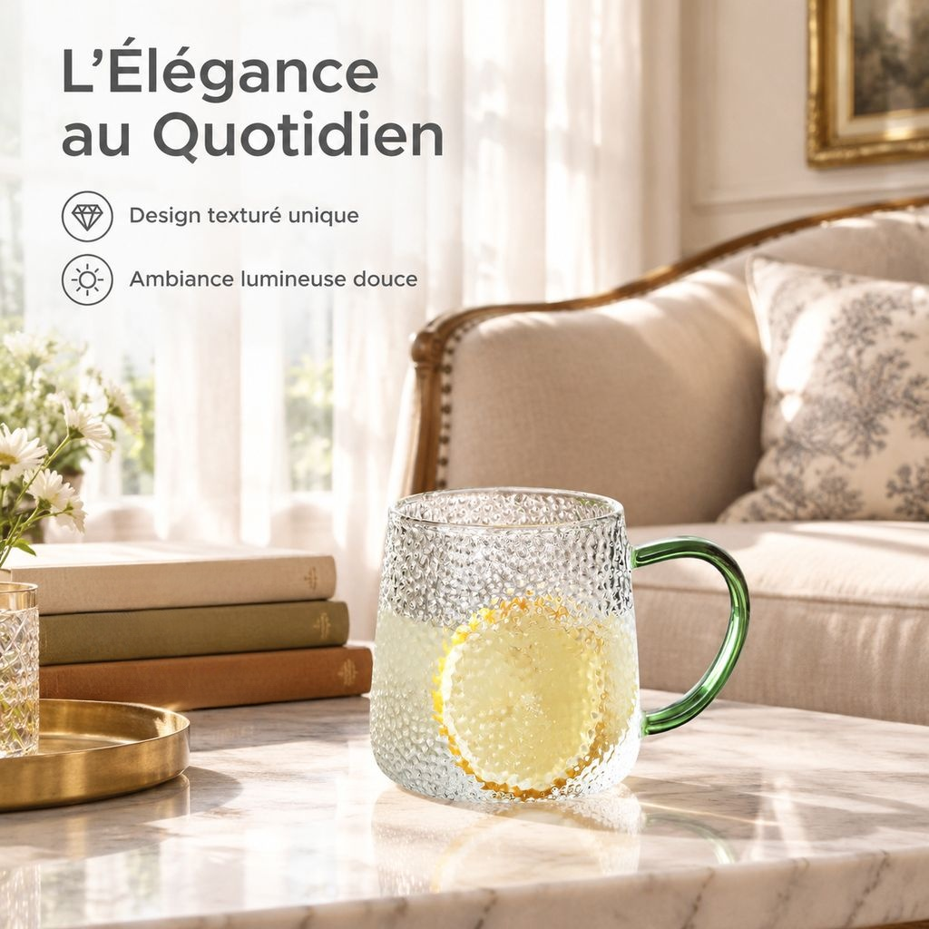 Tasse en verre borosilicate martelé avec anse