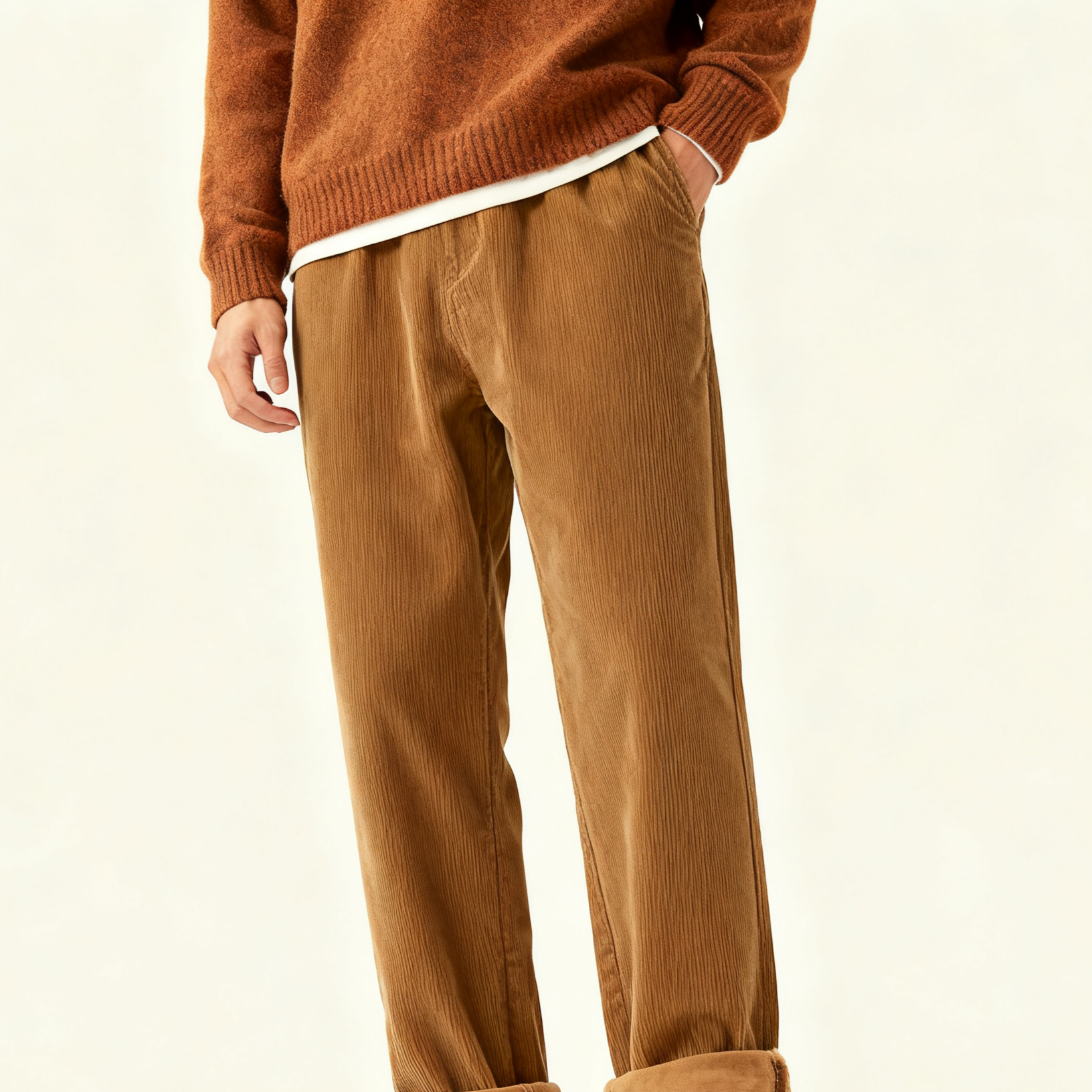 暖かいコーデュロイ素材のズボンの生地アップ