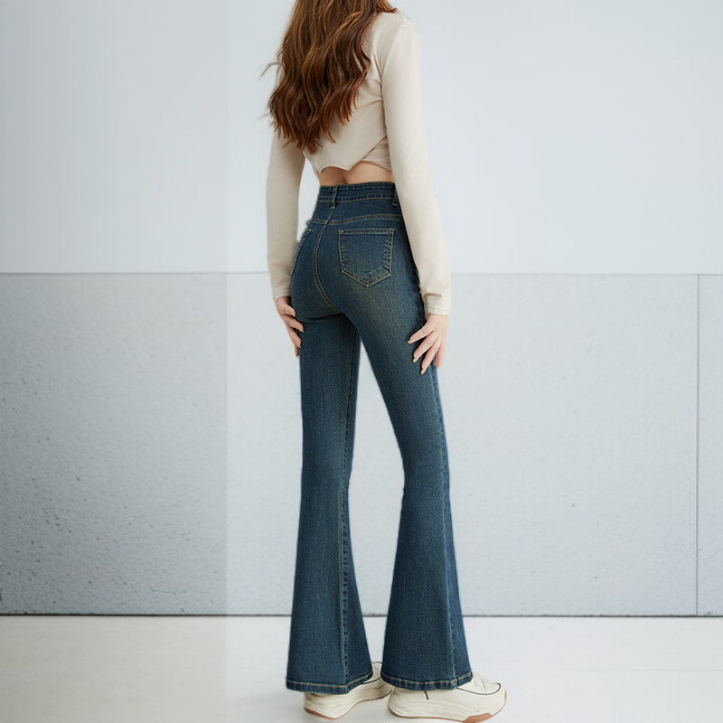 小さめハイウエストワイドジーンズ女性春春スリム細めマイクロフレアワイドパンツ