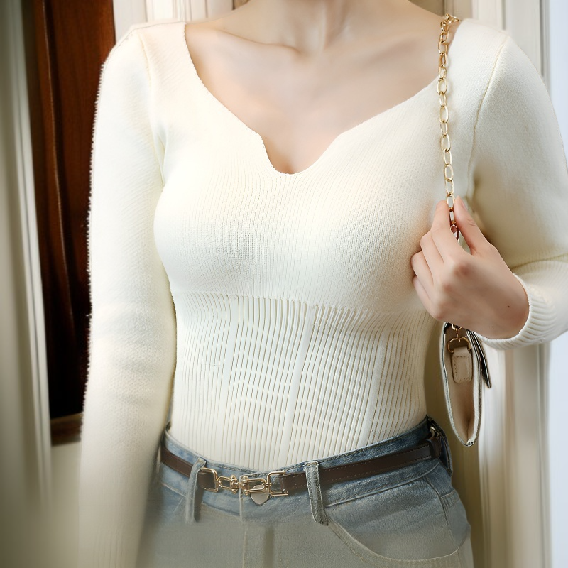 여성 기모 슬림 허리 조임 긴팔 니트 정면 착용샷