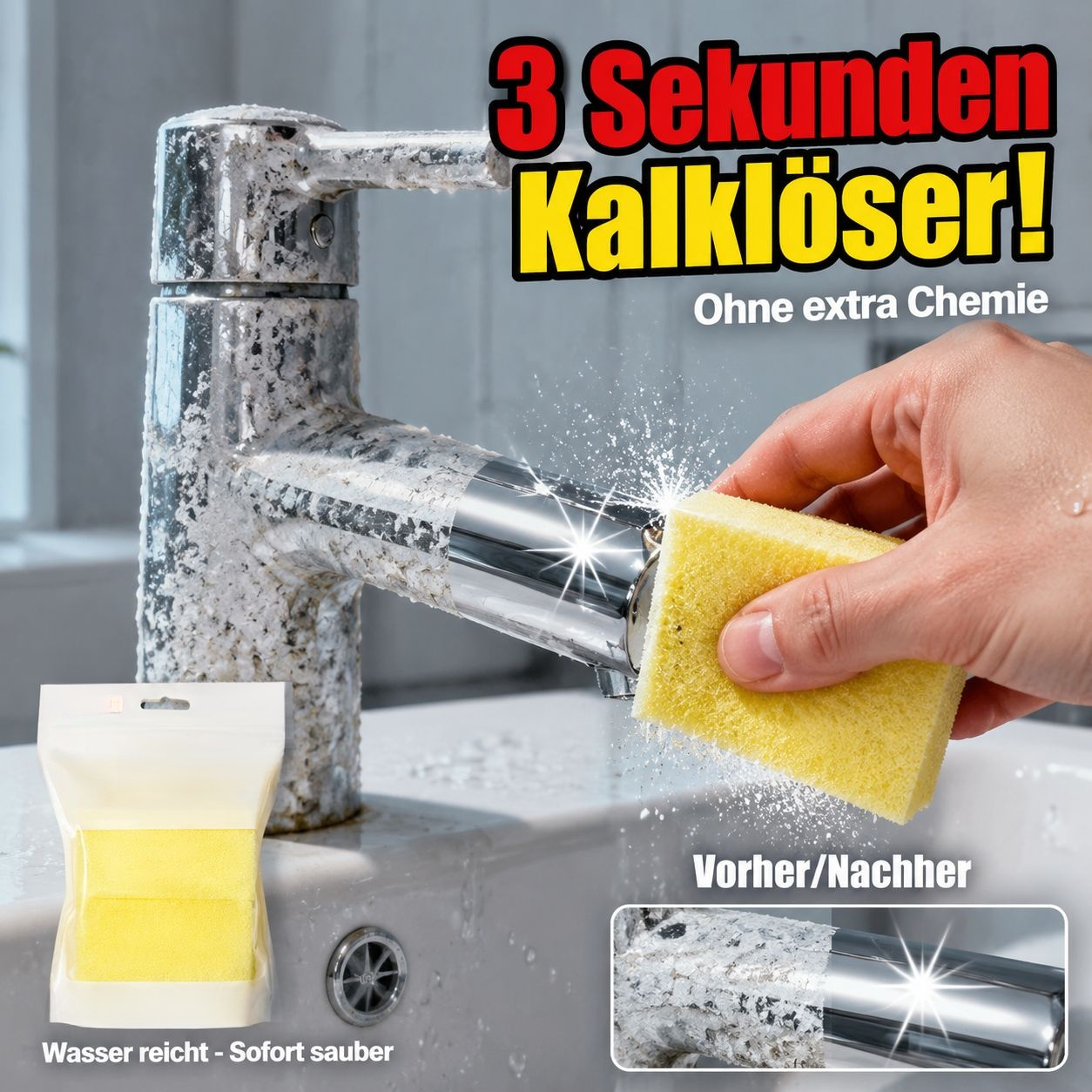 Zitronensäure-Kalkreiniger Schwamm für Badezimmer, Wasserhahn, Glas, Dusche