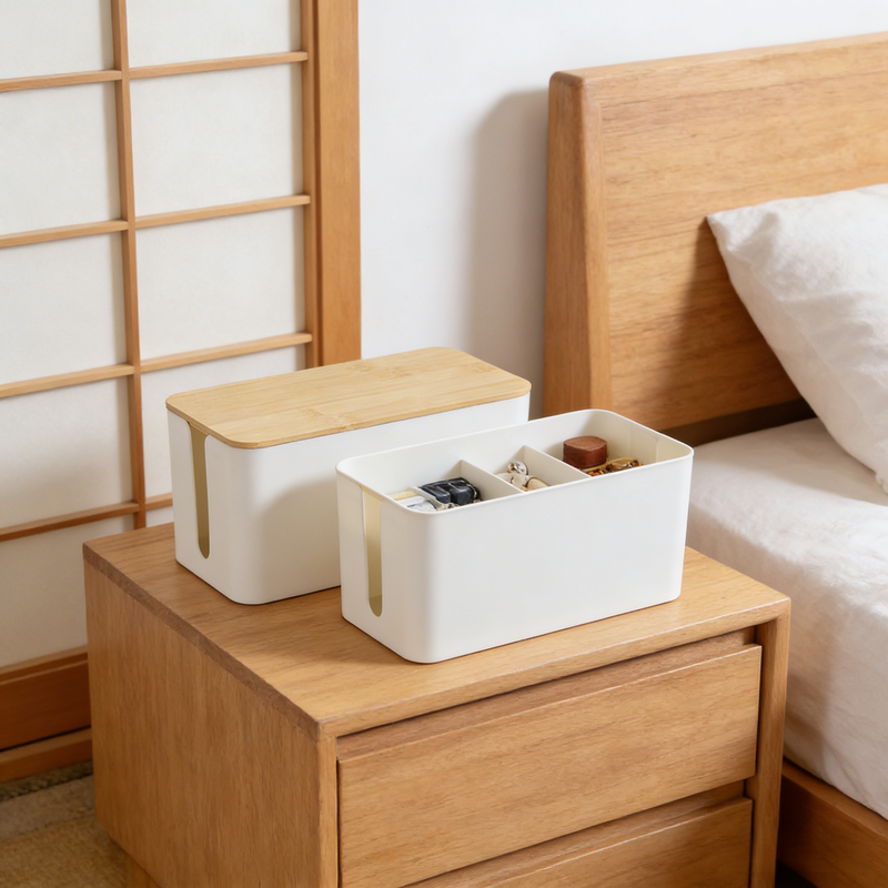 กล่องจัดระเบียบสายไฟฝาไม้ไผ่ สำหรับวางบนโต๊ะ