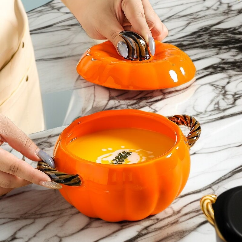 陶磁器カボチャの形蓋付き両耳大湯碗