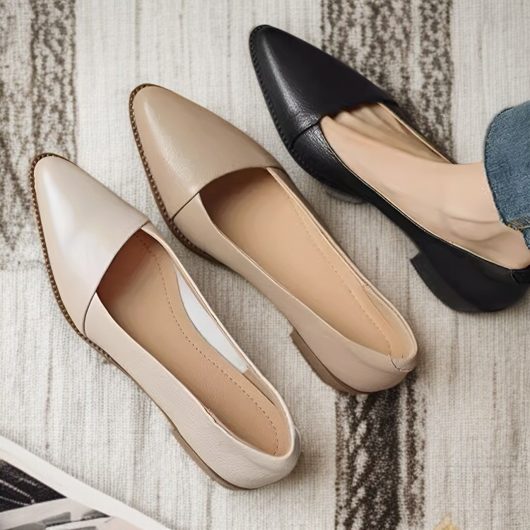 살구색 소프트 가죽 여성 스틸레토 단화 미들 굽 통굽 여성화