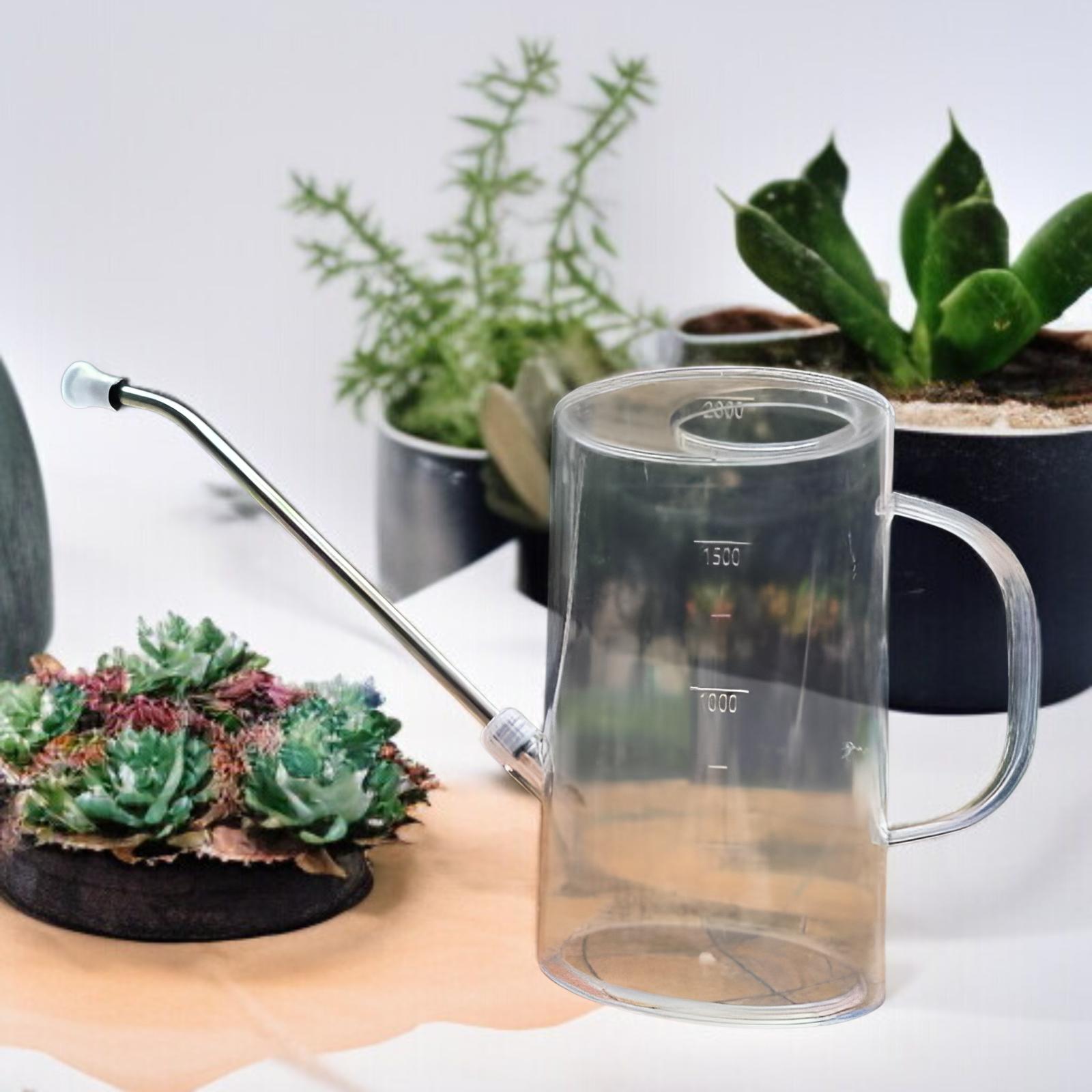 Transparente Gießkanne mit Messskala und langem Edelstahl-Auslauf für Garten