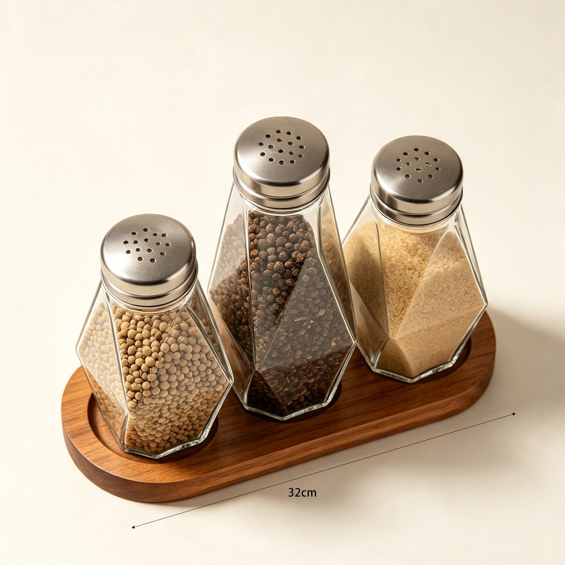 Set of glass condiment dispensers arranged on a wooden tray