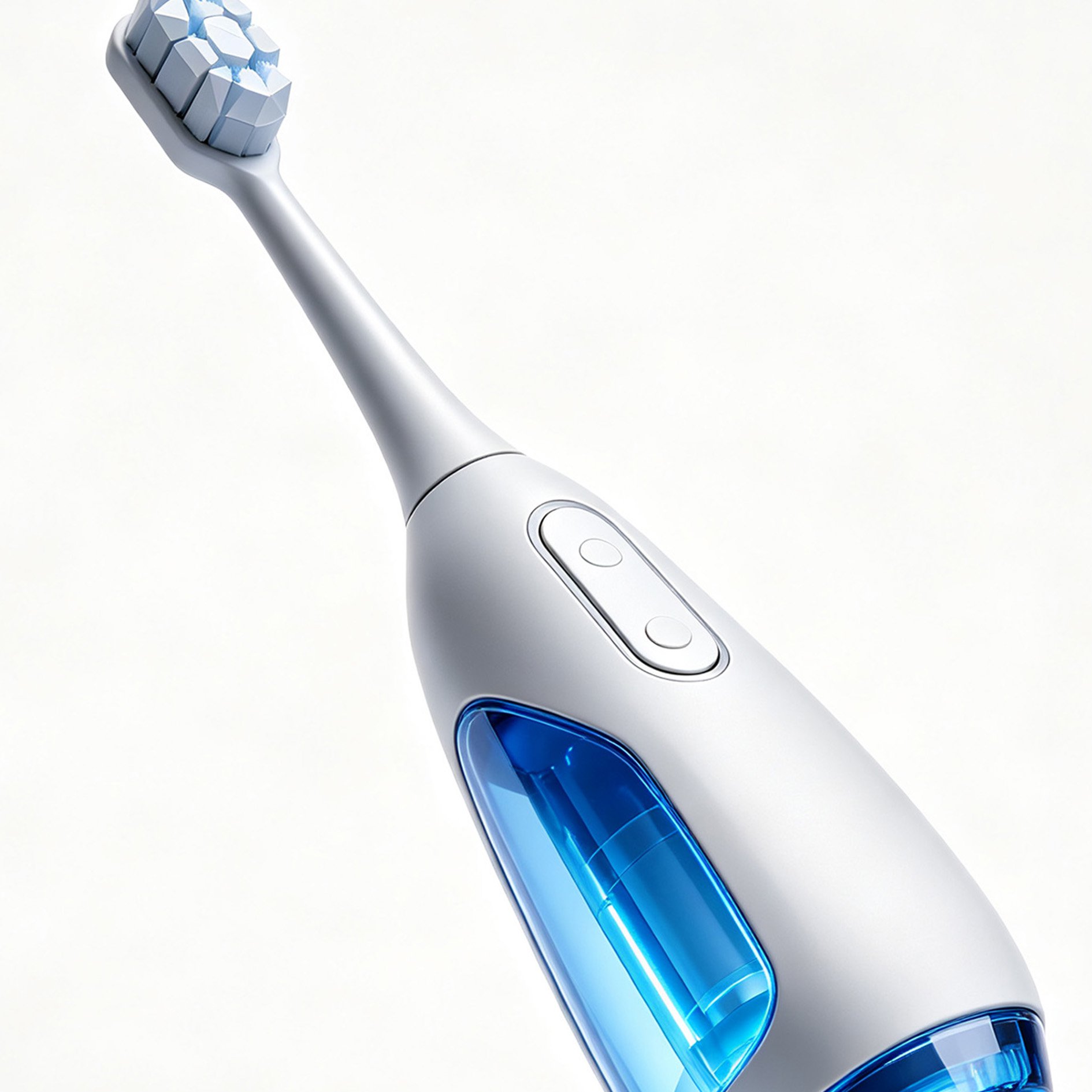 Close-up of electric toothbrush blue mirror finish