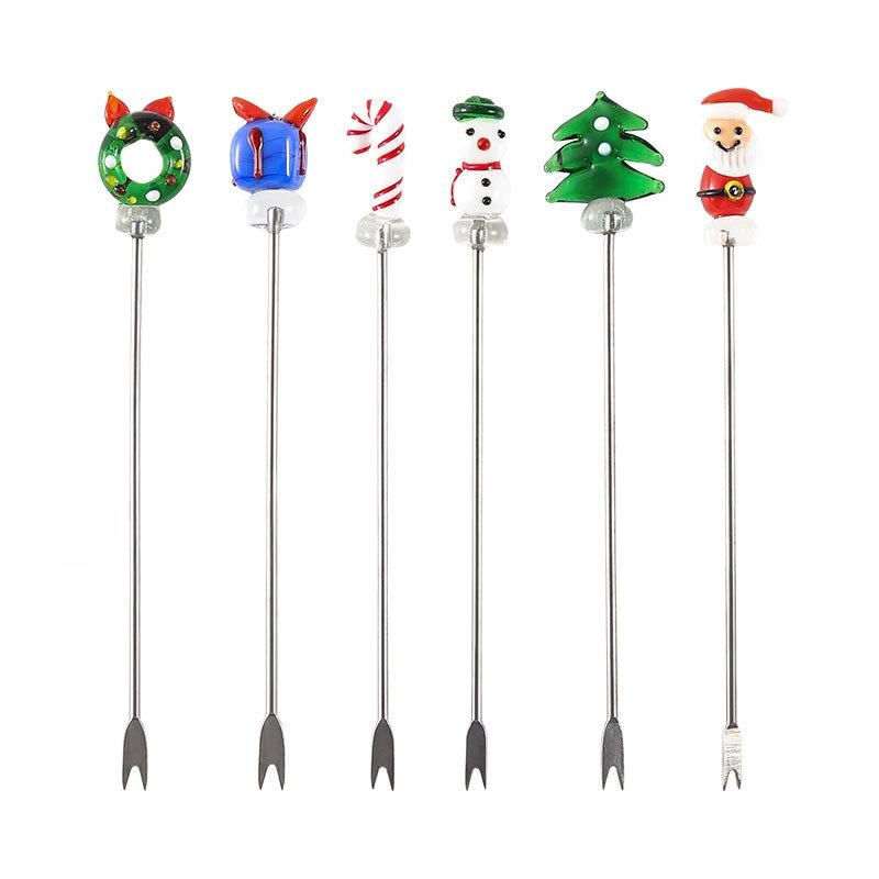 Christmas stainless steel handmade glazed cartoon 2-tooth fruit pick Santa Claus Christmas tree frui