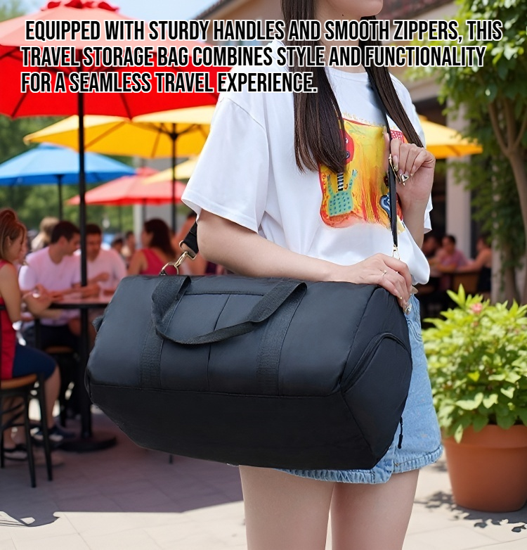 Open travel bag showing wet and dry compartments