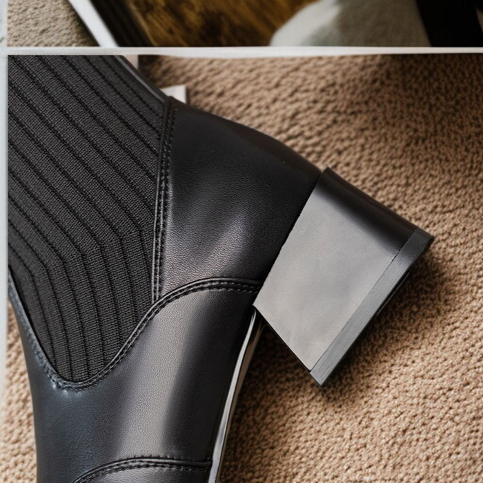 マーティンブーツチェルシーブーツハイレトロチャンキーヒールスキニーブーツブラウンウーンスクエアつま先シングル綿オプションニットストレッチ