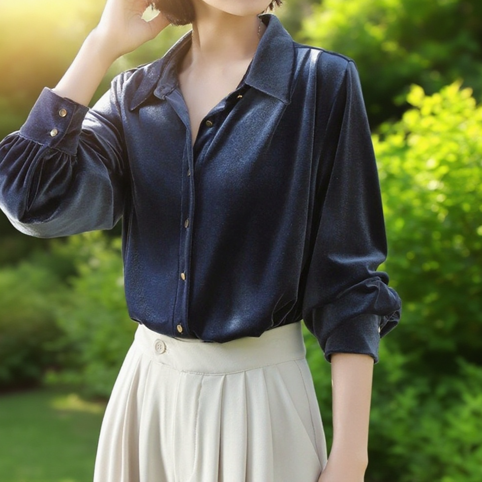 여성 프렌치 벨벳 네이비 긴팔 셔츠