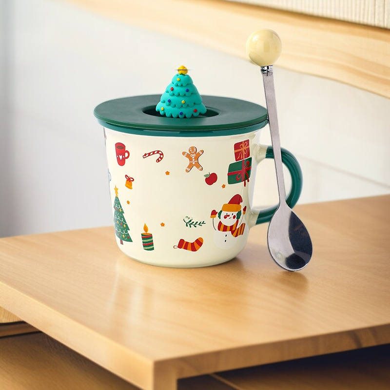 聖誕節馬克杯陶瓷創意卡通水杯帶蓋勺