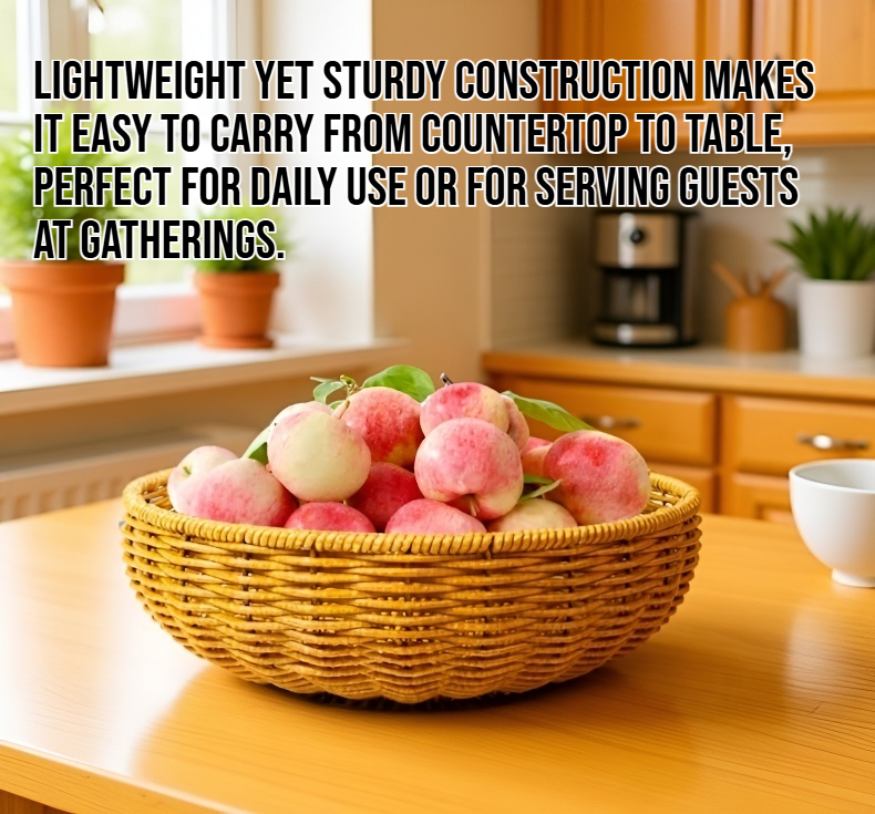 Round woven rattan basket holding fresh fruits