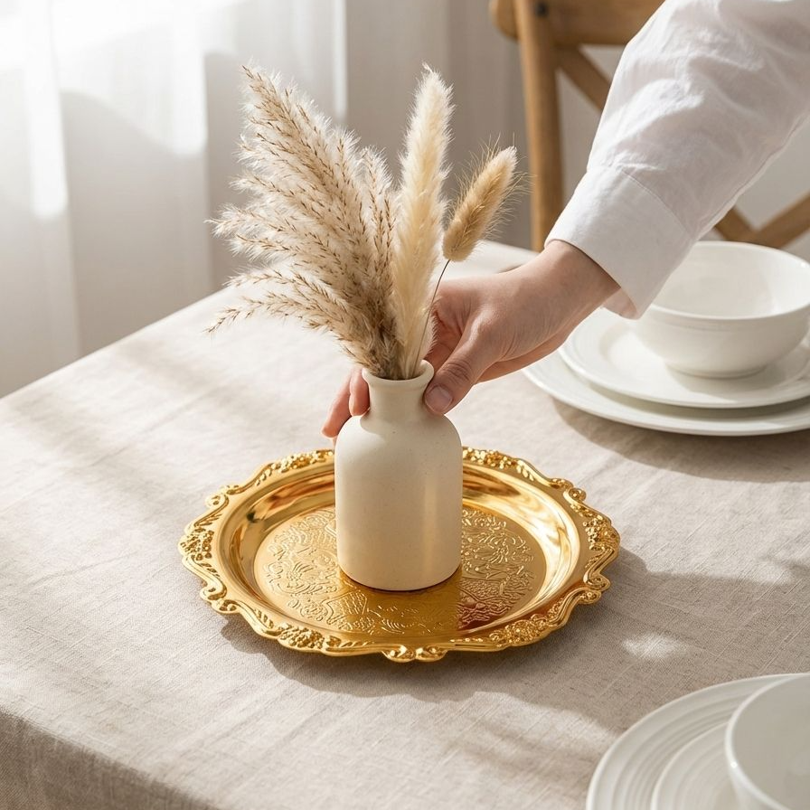 Carved metal tray in vintage interior setting
