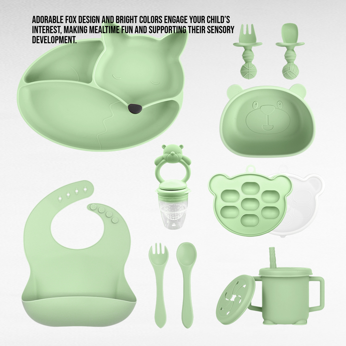  Infant Silicone Suction Bowl and Plate Set, Fox Design Feeding Tableware