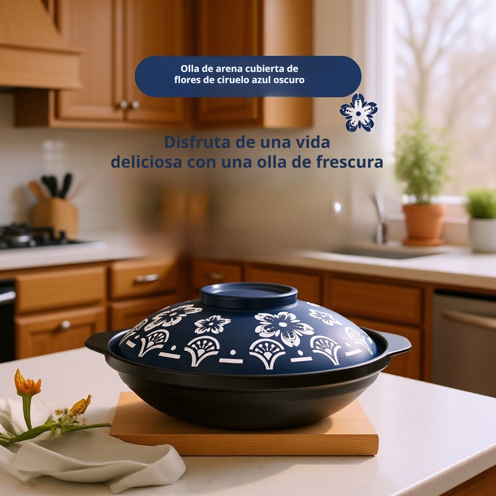 Cazuela de cerámica diseño flor de ciruelo No.8 para fuego abierto