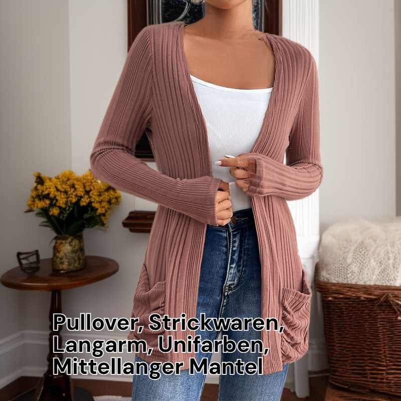 Einfarbige Strickjacke mit langen Ärmeln und mittlerer Länge