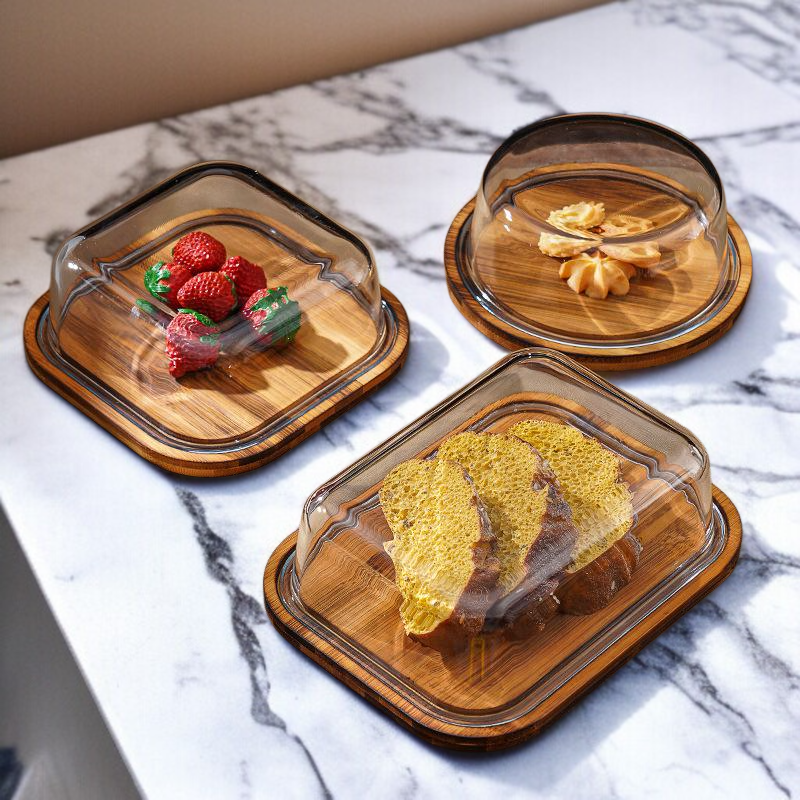 ガラス蓋付き木製デザートトレイ