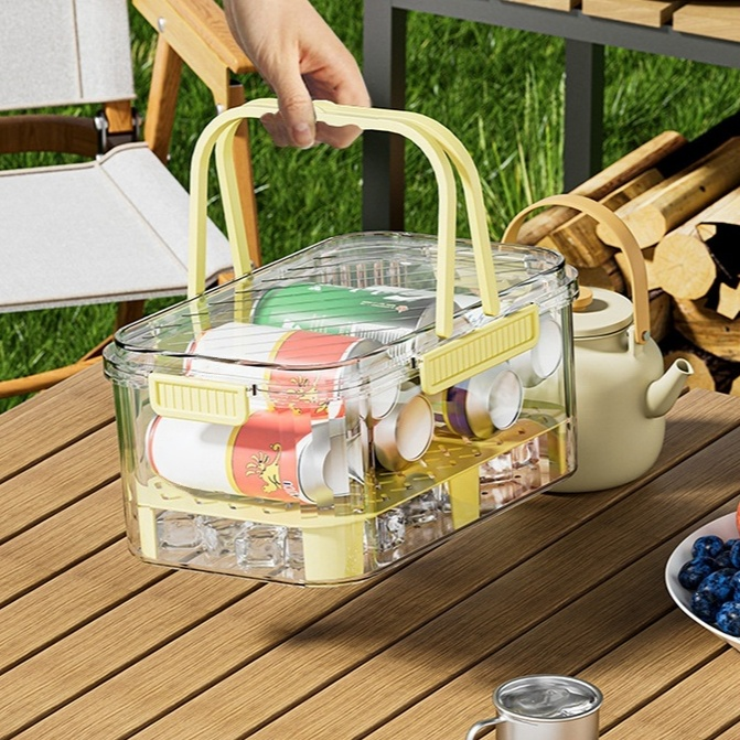 手提便攜大容量保鮮盒 冰箱塑膠便當盒 戶外野餐收納籃