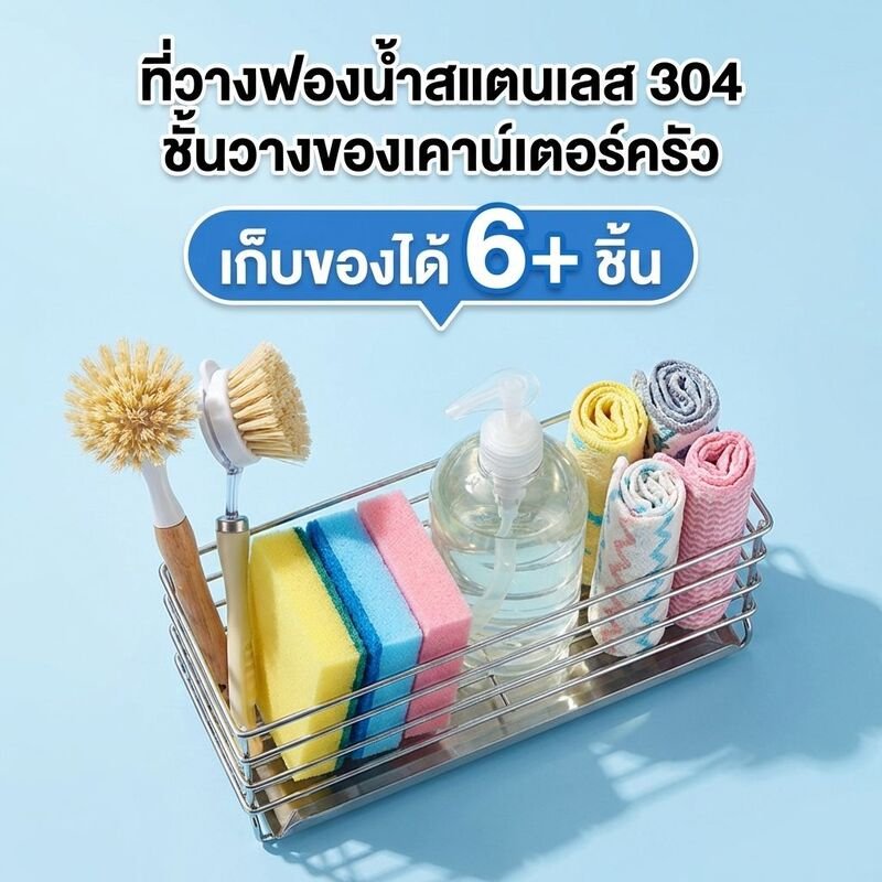 ที่วางฟองน้ำสแตนเลสทั้งตัวแบบกว้าง Nature Living + เครื่องจ่ายน้ำยาล้างจาน