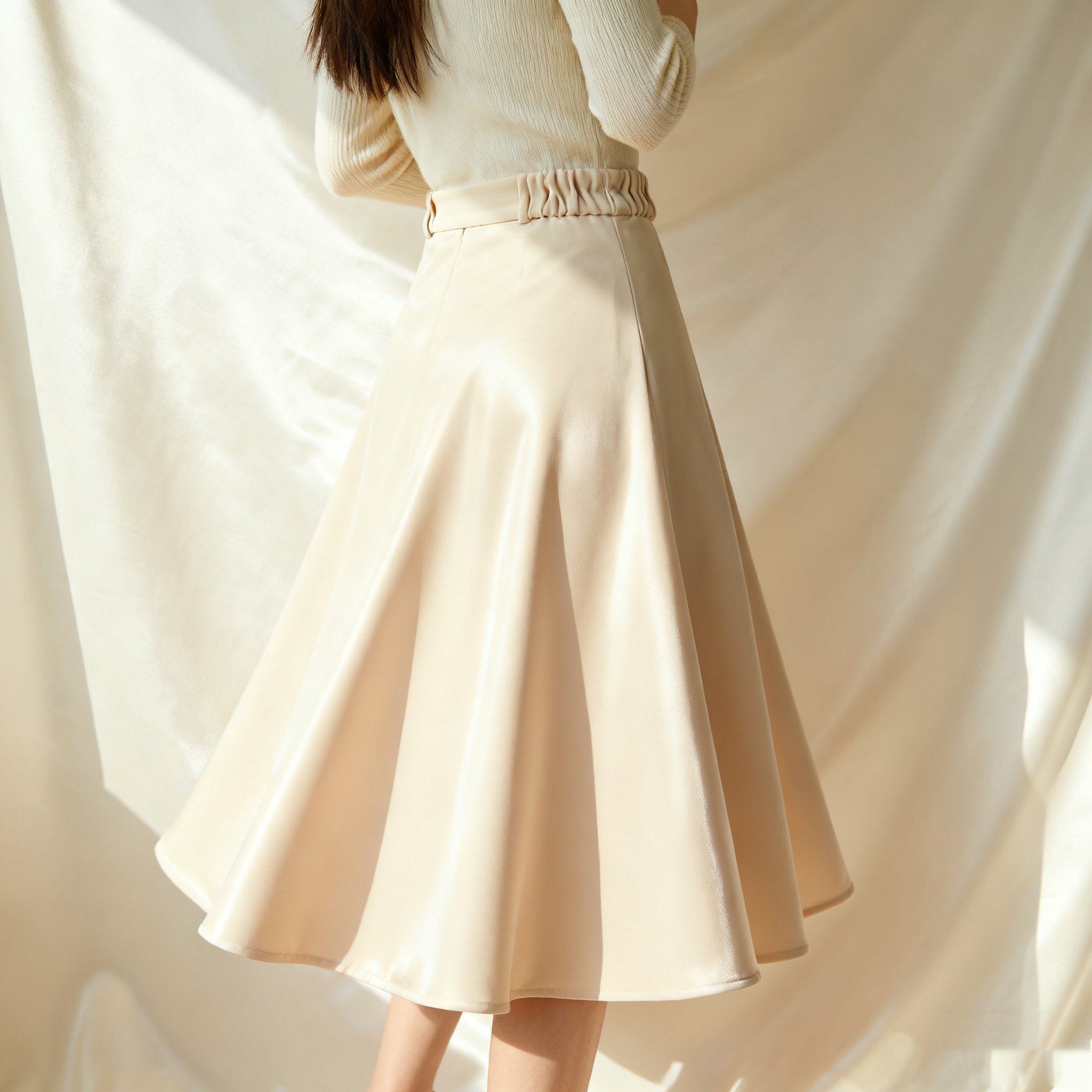 베이지 하이웨스트 미디 스커트 착용샷