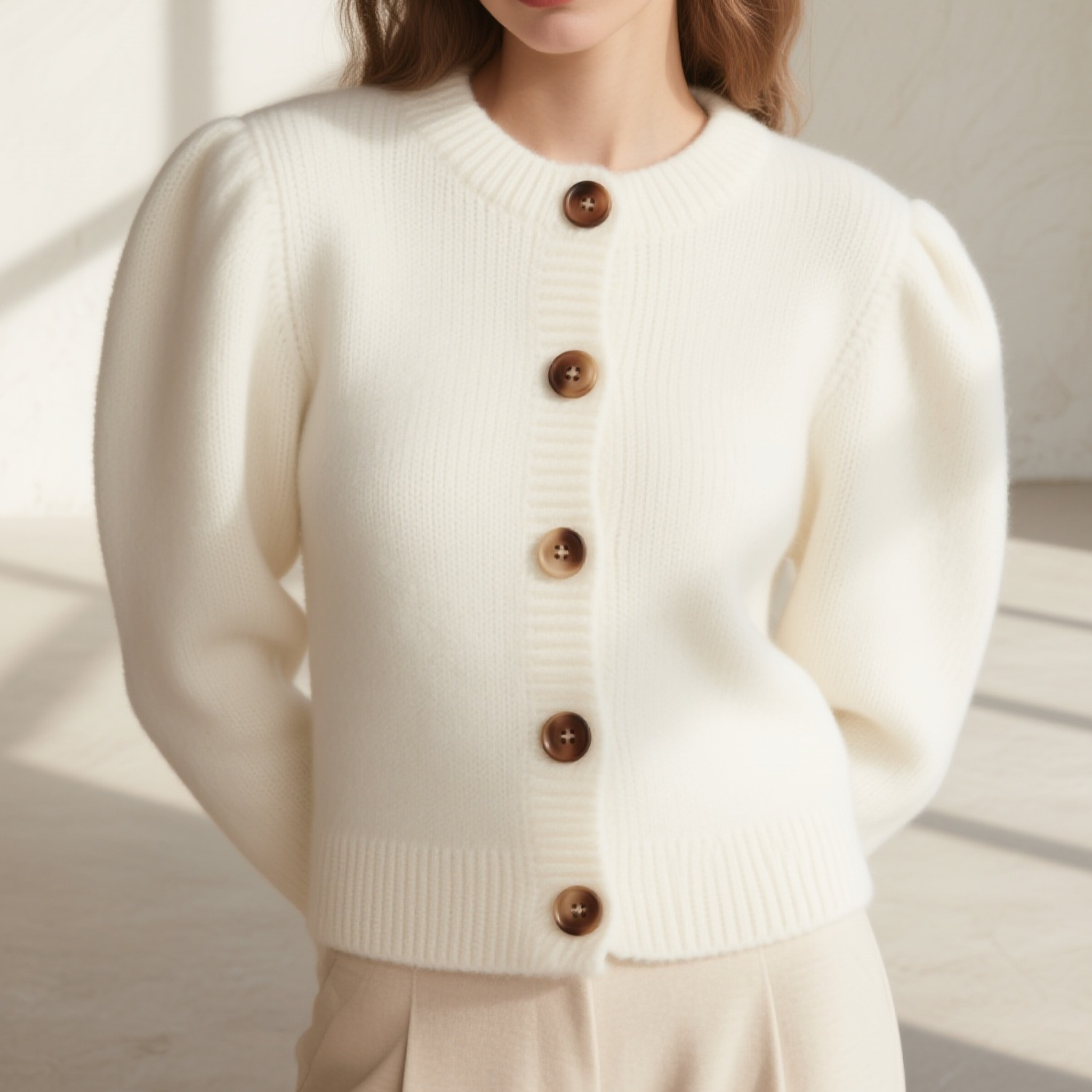 여성 긴 털 퍼프 소매 크롭 니트