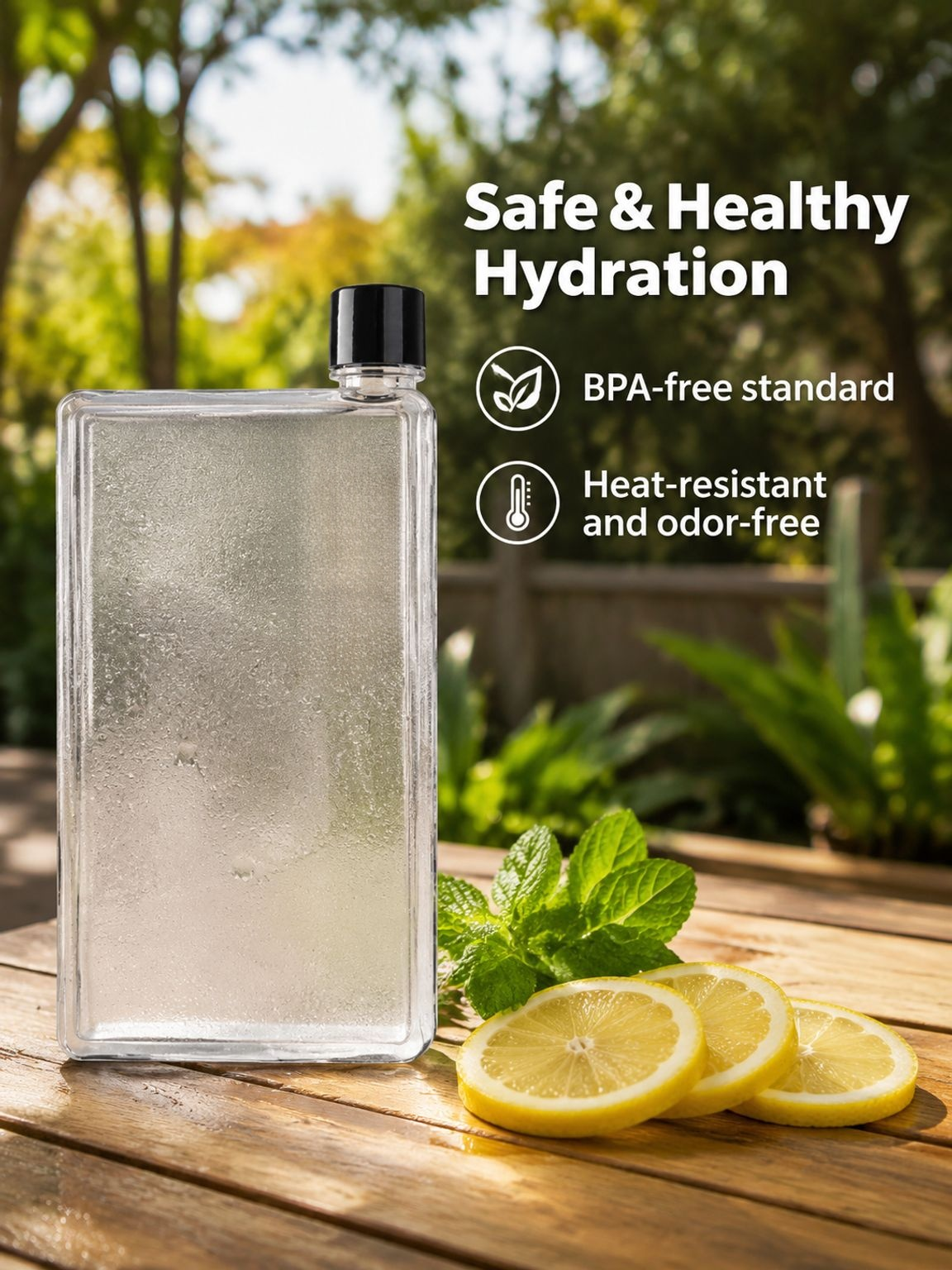 Flat leakproof water bottle with secure lid for travel and commuting