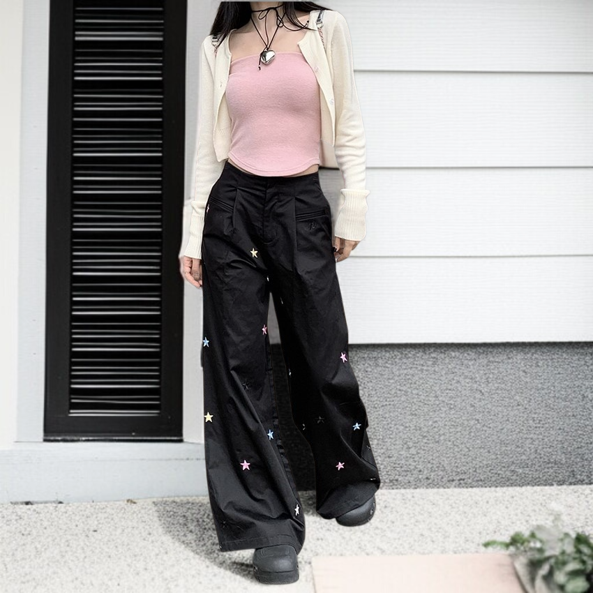 캐주얼 팬츠 여자 별 와이드 팬츠 롱 팬츠 여 슬림 와이드 팬츠 자수 캐주얼 와이드 팬츠