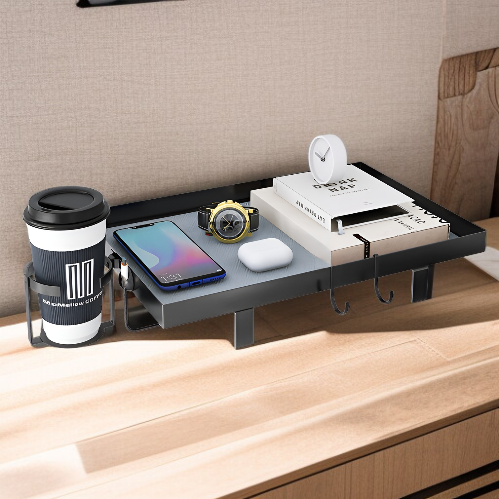 Bett-Side Organizer mit Clip – Telefonhalter und Ablage, bohrfrei