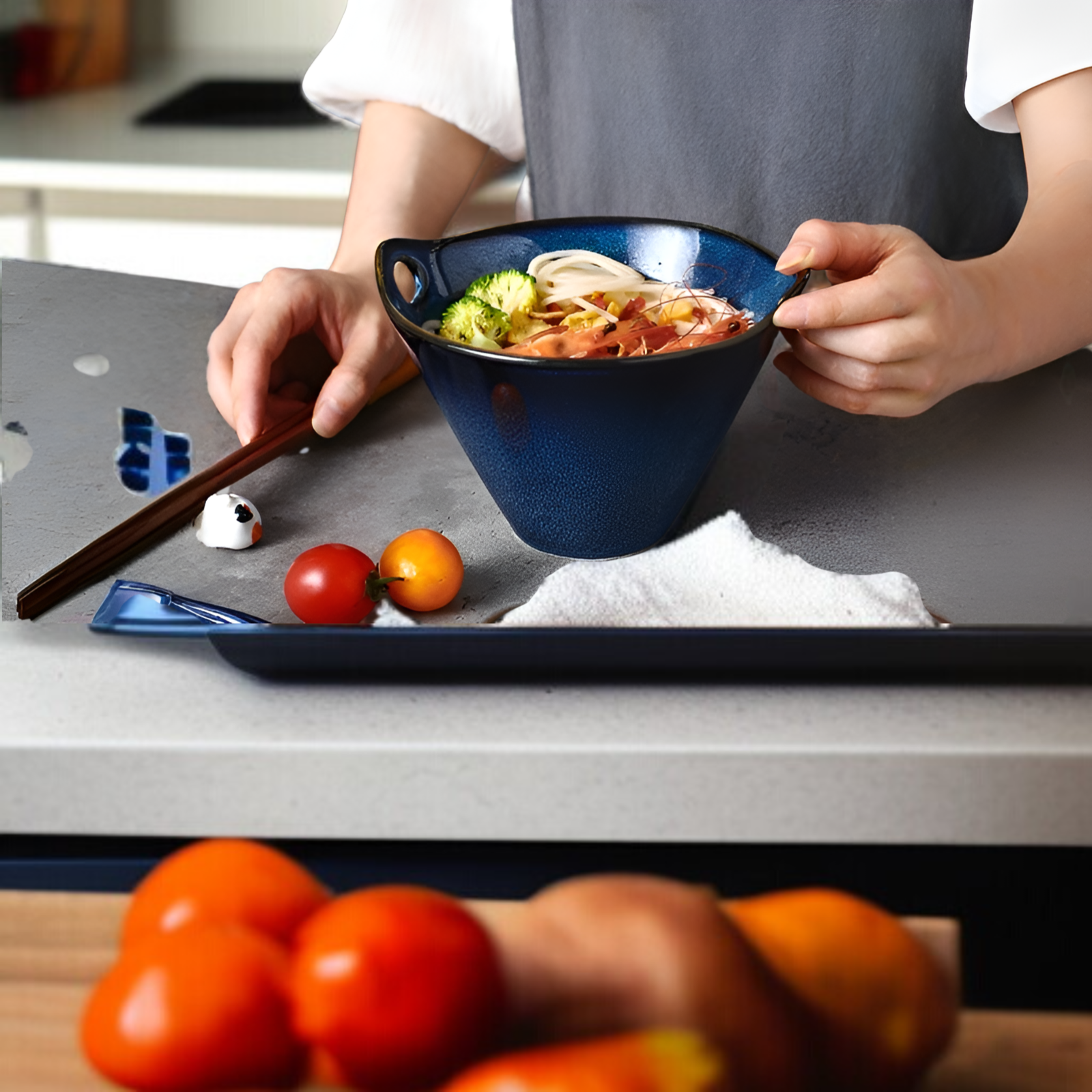 Japanese kiln noodle bowl ceramic hat bowl household ramen bowl double ear bowl creative tableware e