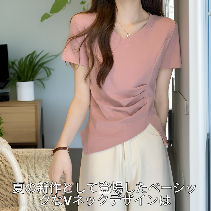 夏の新作ベーシックVネックウエストスリット綿半袖Tブラウス