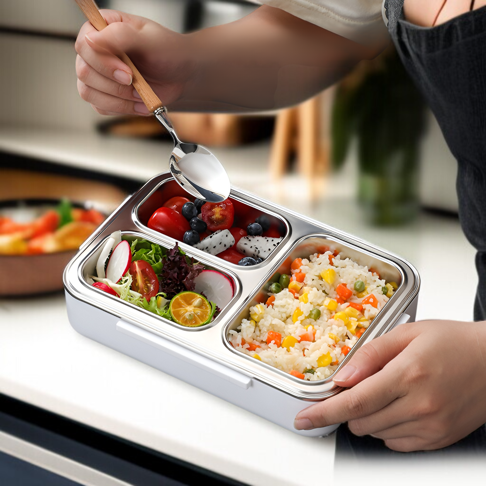 Geruchsneutrale Lunchbox aus Edelstahl 304 mit versiegeltem Deckel und getrennten Fächern