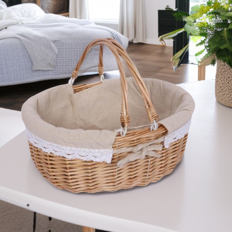 ダブルハンドルのリネンウィッカー製ピクニックバスケット
