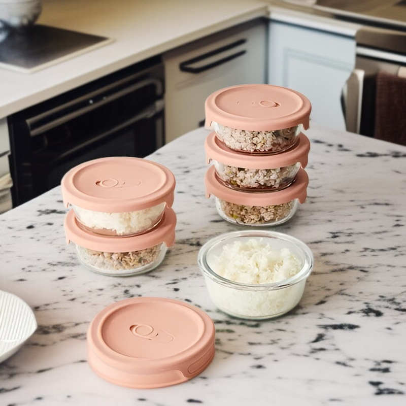 حاوية أرز من الزجاج المقاوم للحرارة مع فتحة بخار من السيليكون 350 مل مجموعة من 6 قطع