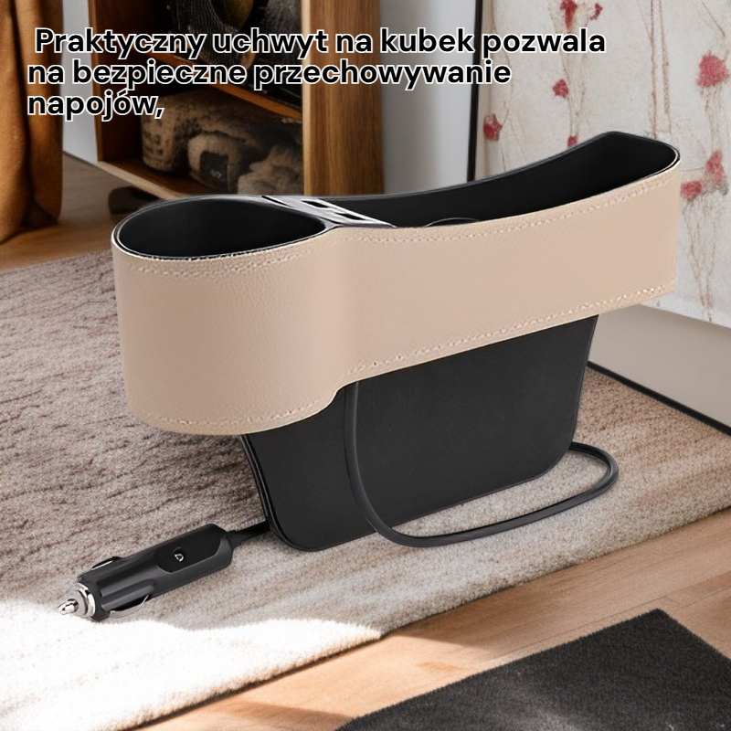 Wielofunkcyjny samochodowy organizer z ładowaniem USB i miejscem na kubek