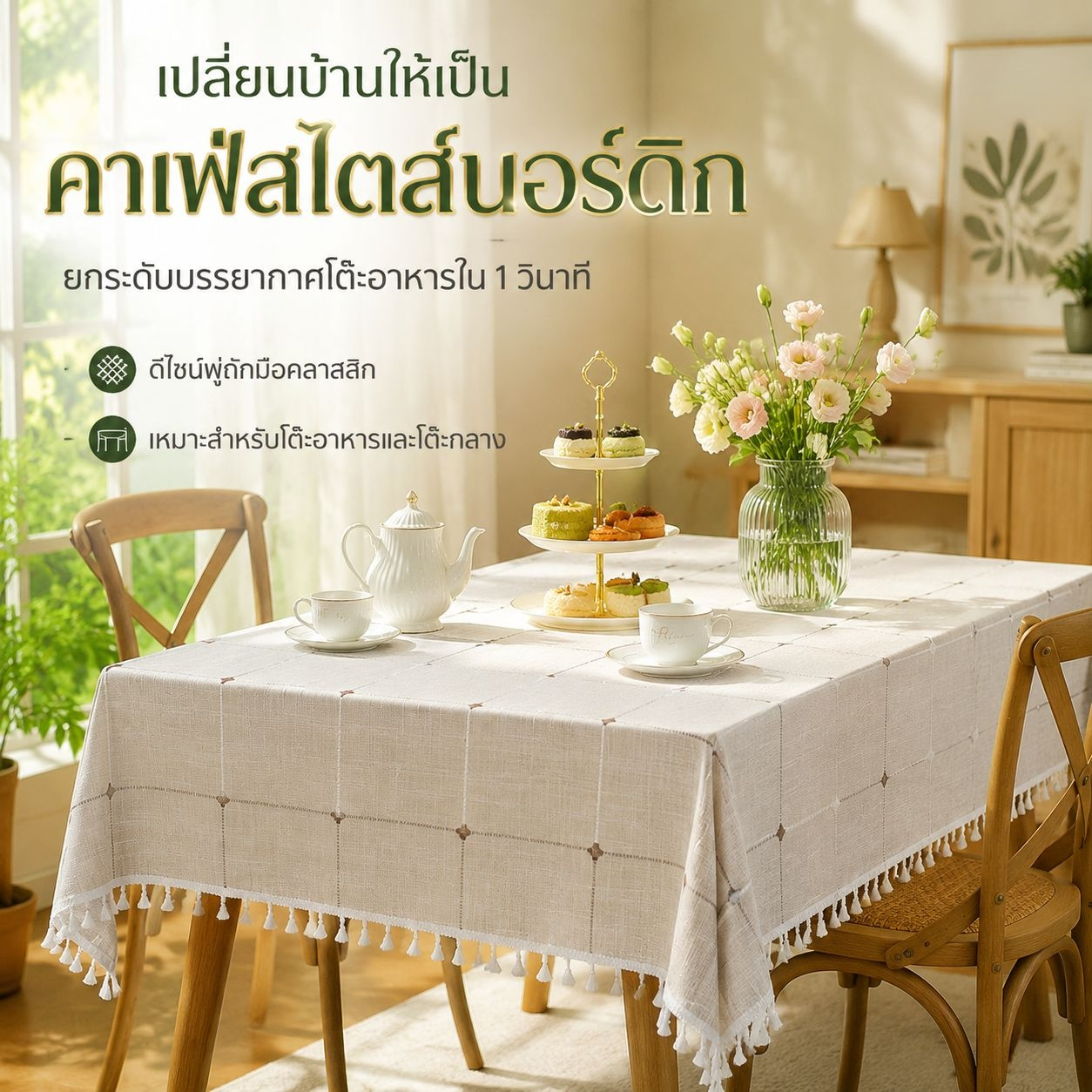 ผ้าปูโต๊ะสี่เหลี่ยมผืนผ้า เรียบหรู ประณีต ผลิตจากผ้าฝ้ายและลินิน