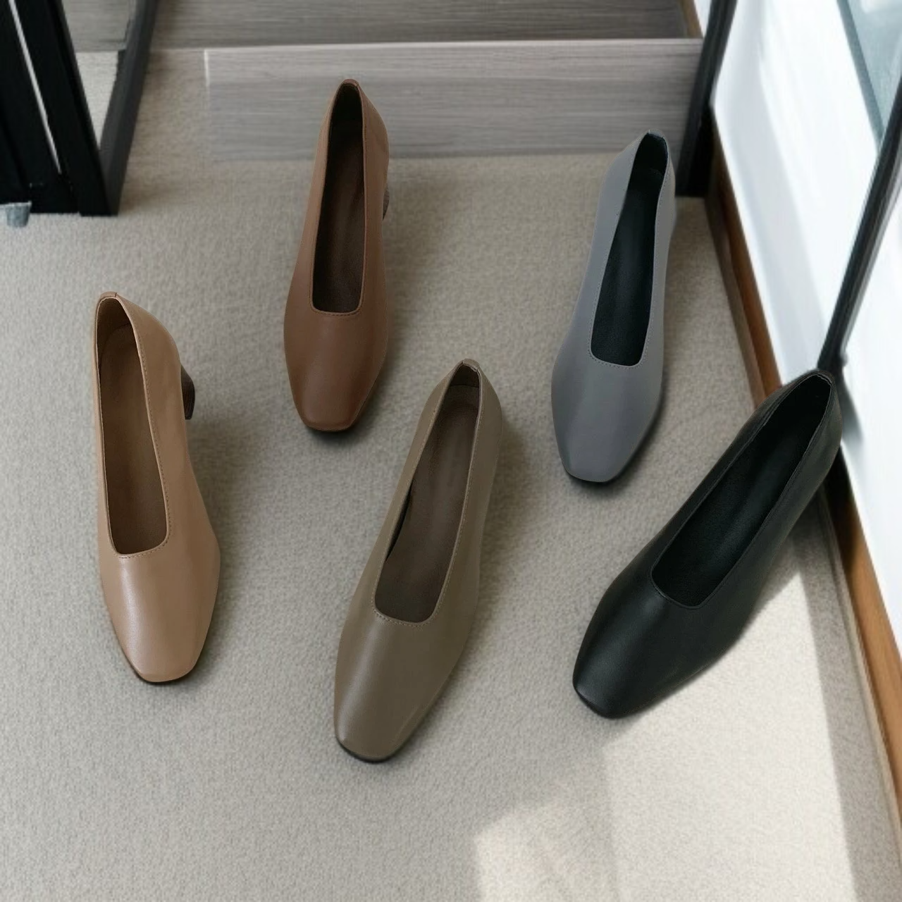 단화녀 춘추 소프트 가죽 스퀘어 슈즈 미들 굽 여성화