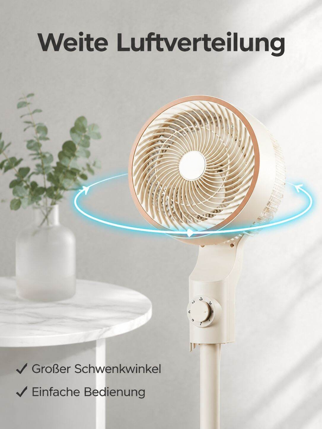 Leiser Standventilator für Zuhause und Büro, mit drei Stufen und starker Turbinenleistung