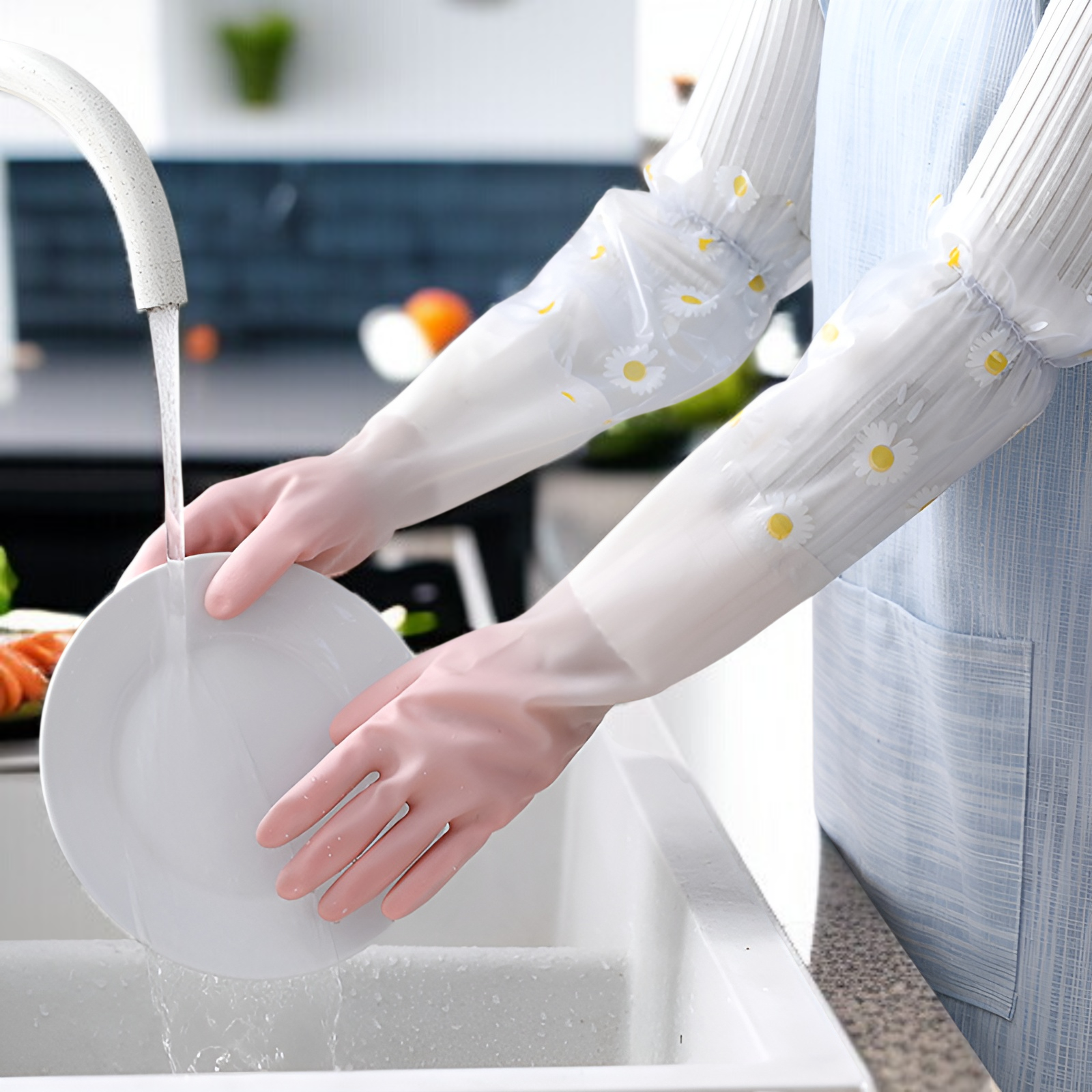 ゴム手袋 キッチン 食器洗い 手袋 ロング ラバーグローブ 皿洗い 厚手 女性用 長い 皿洗い用ゴム手袋 食器洗い手袋 炊事用ゴム手袋 キッチン用ゴム手袋 裏地付き 手荒れ防止 丈夫 フリーサイズ