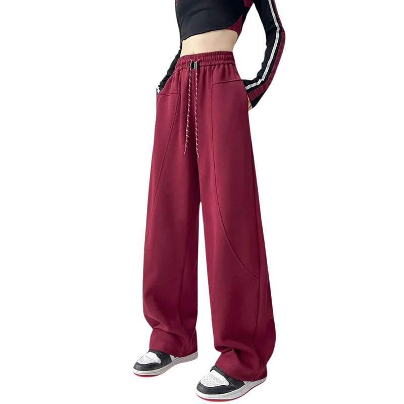 안소 와이드 와이드 팬츠 일자 하이웨스트 트레이닝 팬츠 여 캐주얼 맨투맨 레드 스트링 팬츠