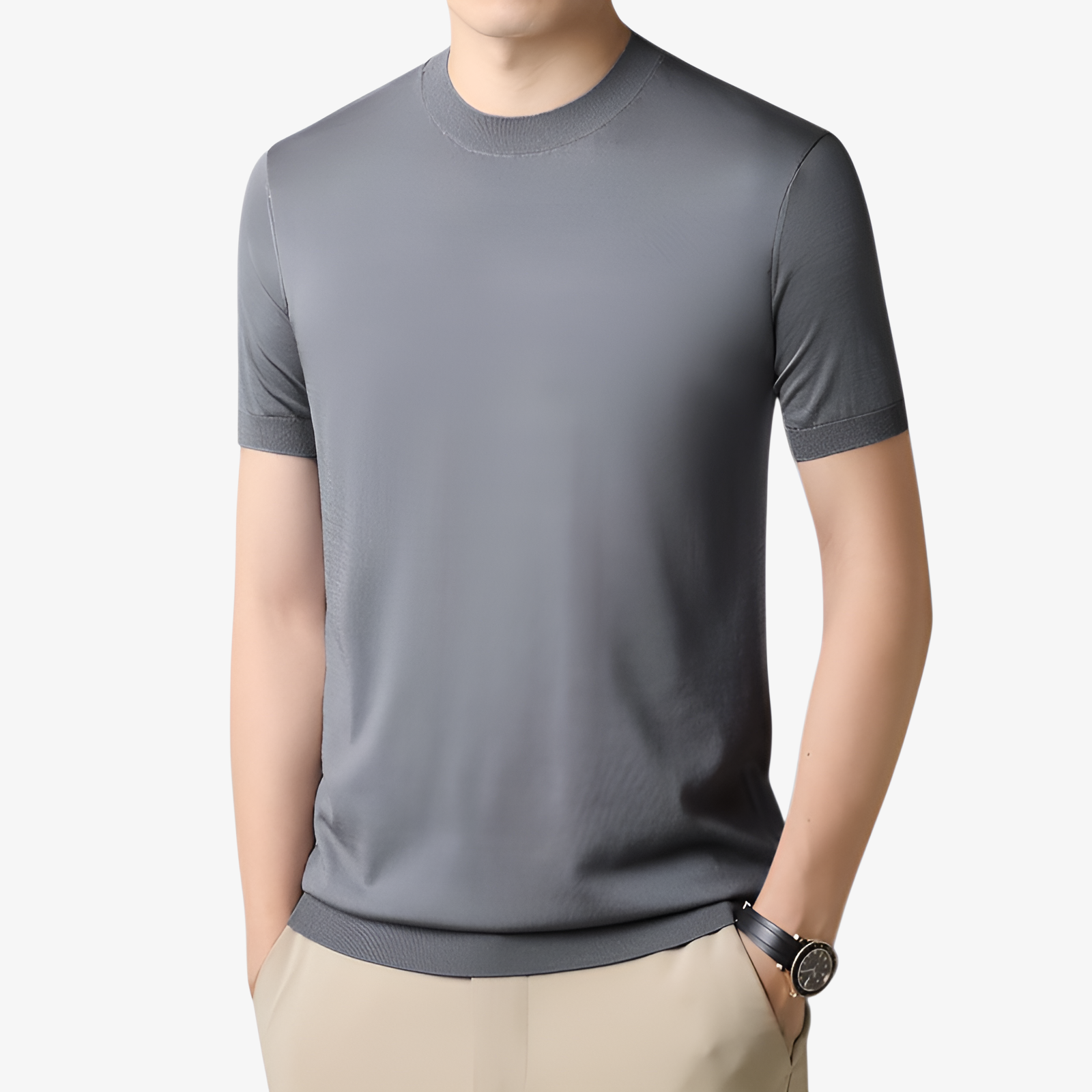 メンズ 夏用 ゆったりフィット 無地 ニット 半袖Tシャツ カジュアル 通気トップス