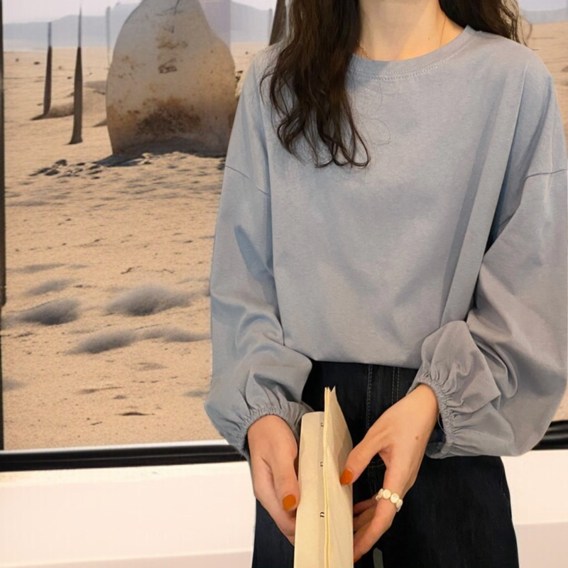 여성 얇은 맨투맨 가을 날씬해 보이는 루즈핏 벌룬 소매 긴팔 티셔츠 맨투맨 여성 맨투맨