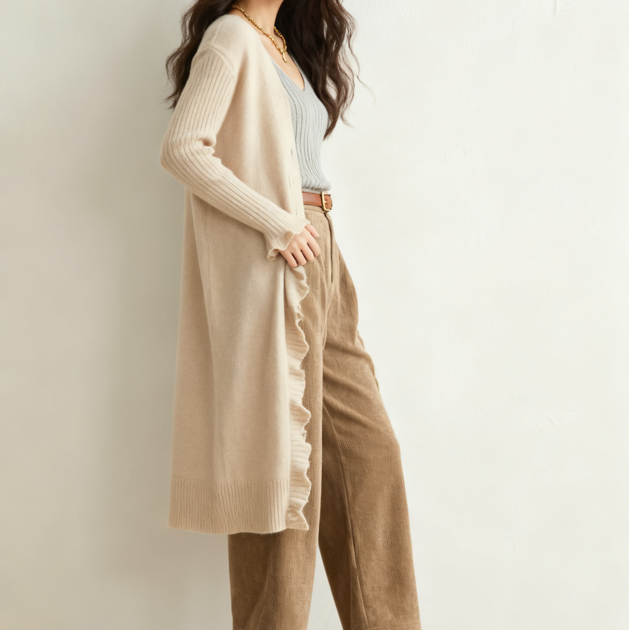 러플 디테일이 돋보이는 여성 롱 가디건